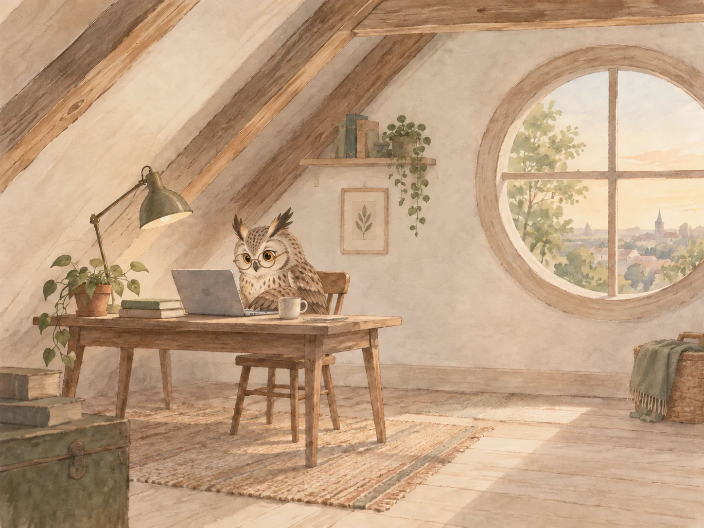 A Siberian eagle-owl wearing round glasses, working at a laptop in a sunlit watercolor attic.