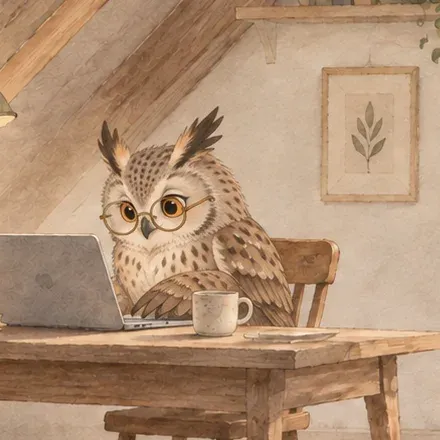 Close-up of the owl at its laptop.