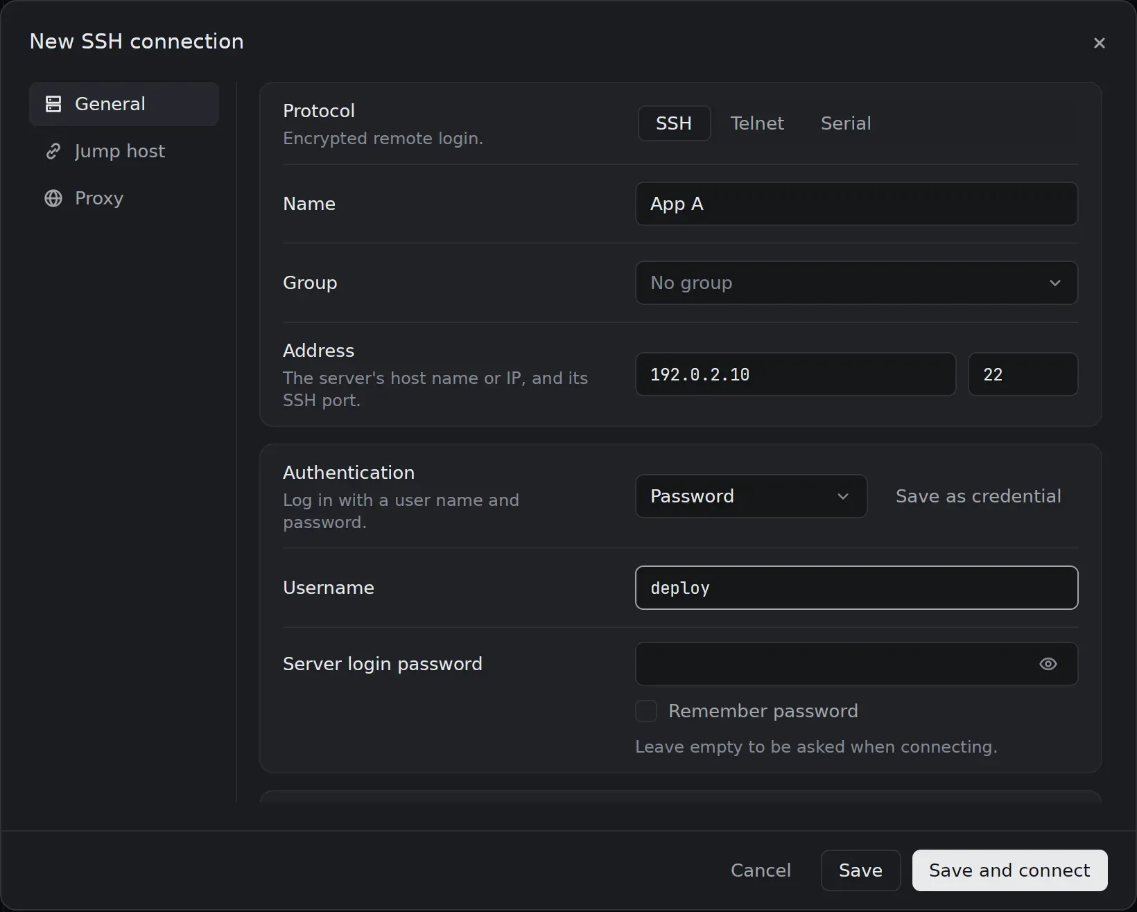 The New connection form: SSH, Telnet or Serial, with pages for the jump host and the proxy.