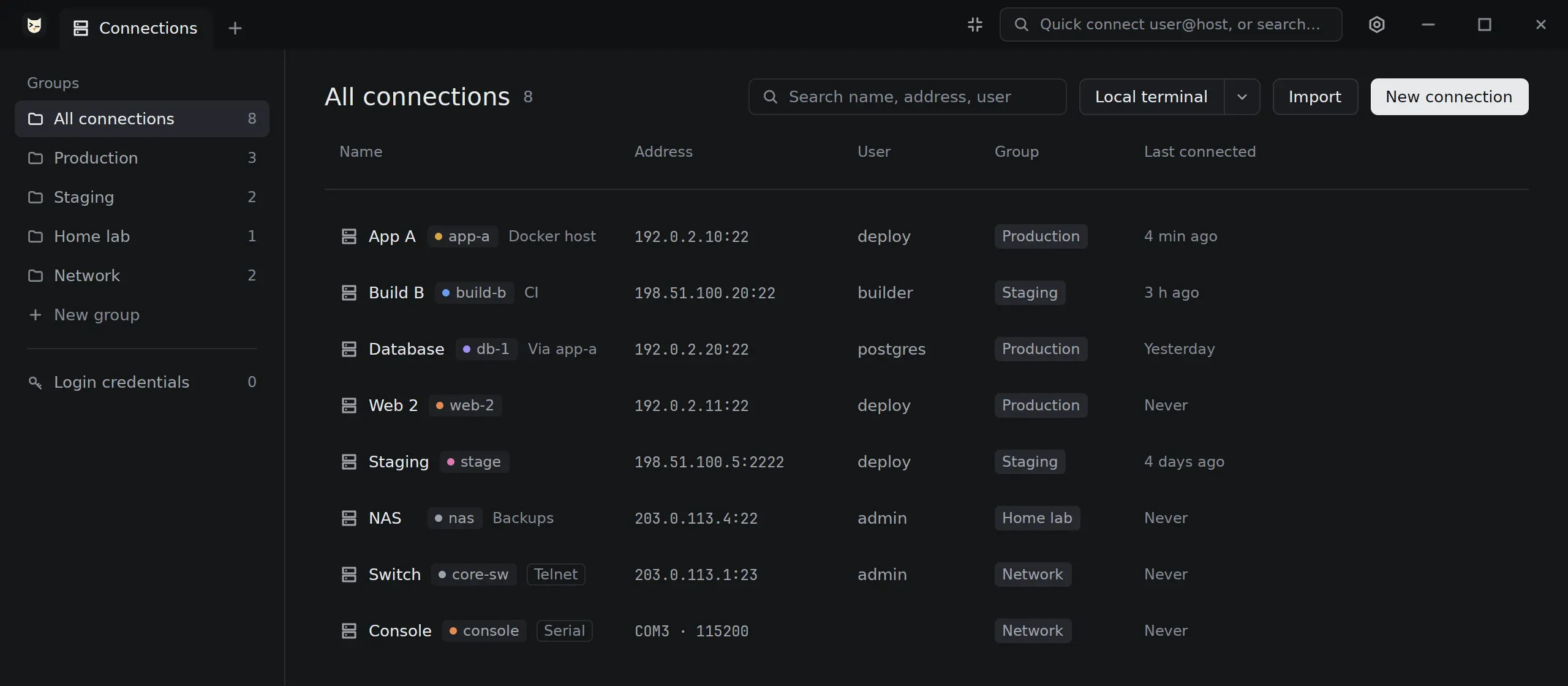 The connections list, grouped into Production, Staging, Home lab and Network, with a Telnet switch and a serial console.
