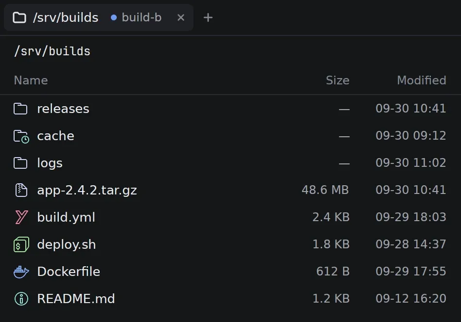 The /srv/builds folder in the file manager, with file manager icons set to Catppuccin Icons.