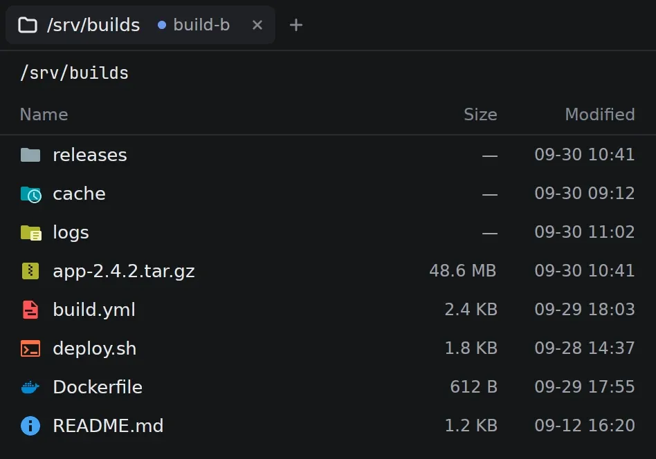 The /srv/builds folder in the file manager, with file manager icons set to Material Icon Theme.