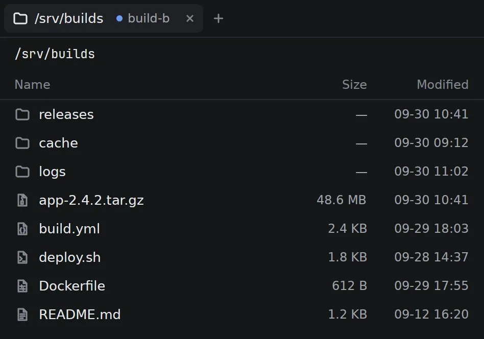 The /srv/builds folder in the file manager, with file manager icons set to Plain (follows the interface icons).