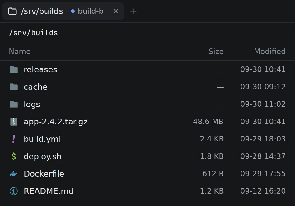 The /srv/builds folder in the file manager, with file manager icons set to Seti UI.
