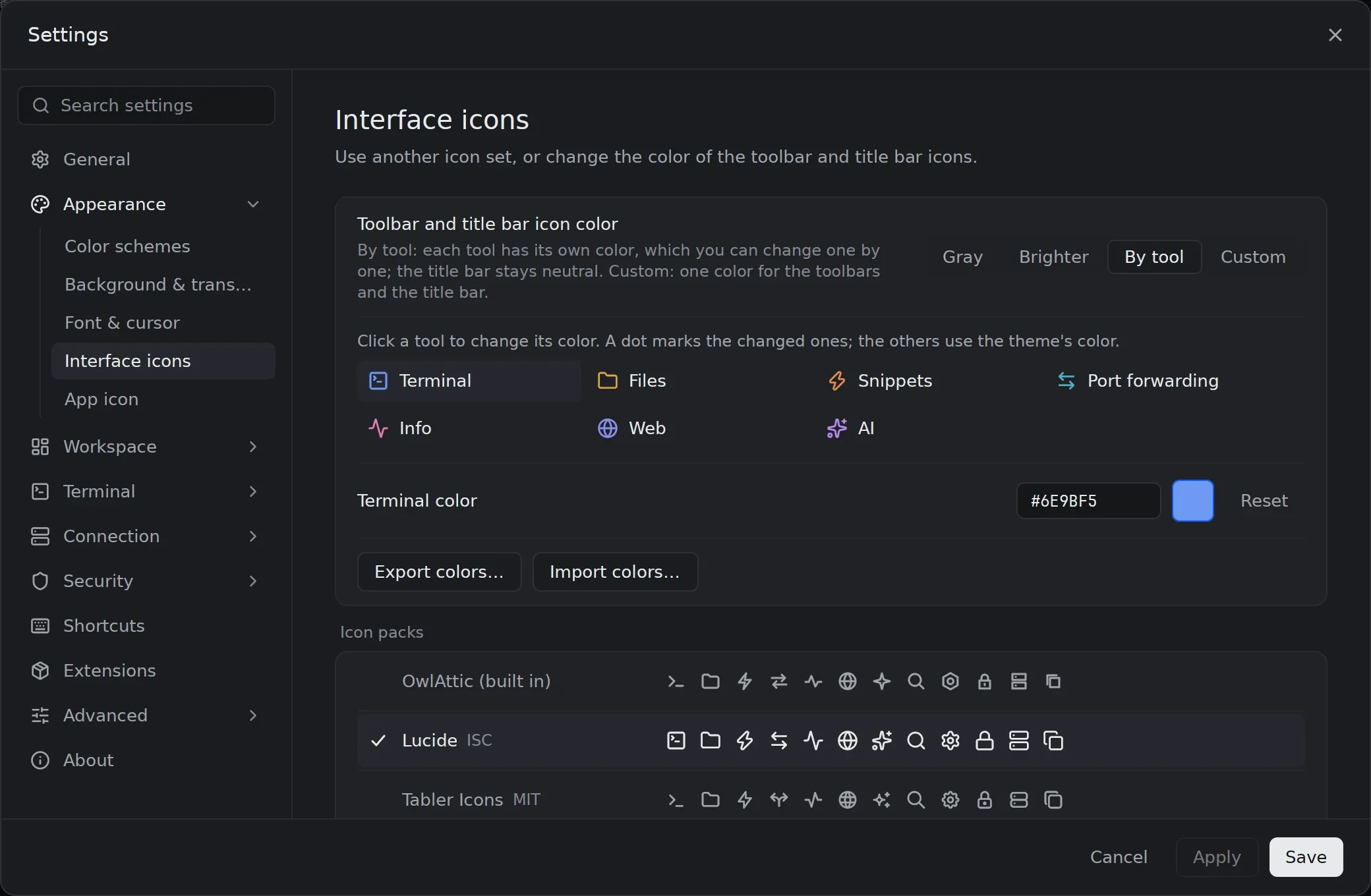 Settings, Interface icons: By tool selected, each tool listed in its own color, and Lucide chosen in the list of icon packs.