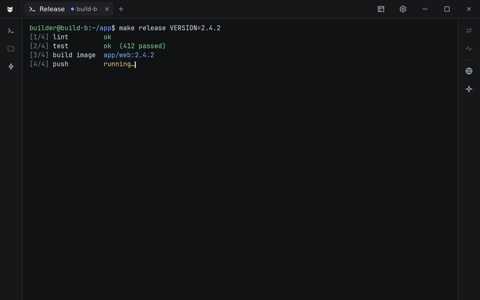 Mini mode: a small window with one tab, a build running on build-b, and a toolbar on each side.