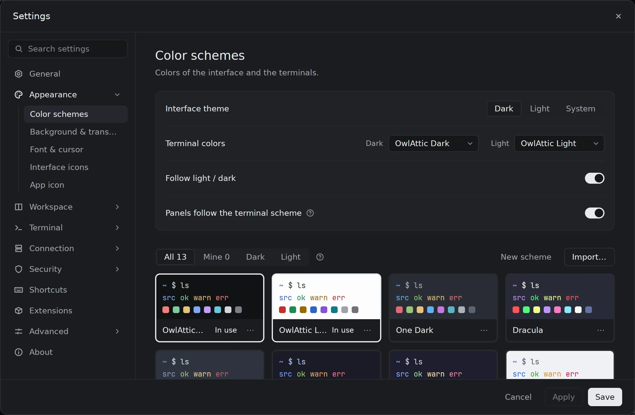Settings, Color schemes: Interface theme, Terminal colors for dark and light, and the built-in schemes as cards.
