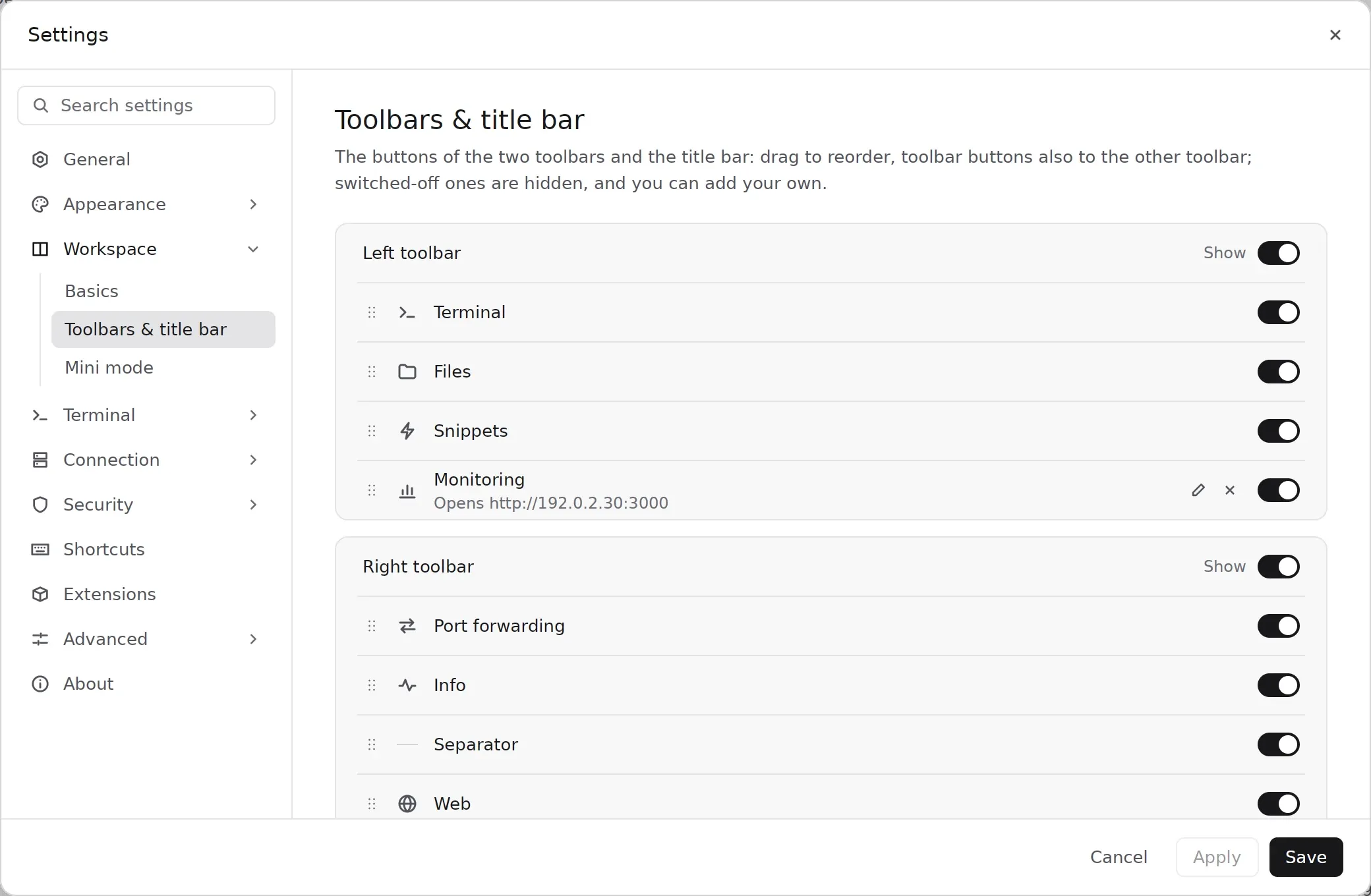Settings, Toolbars & title bar, in the light theme: the left toolbar with Terminal, Files, Snippets and a Monitoring button added by the user, and the right toolbar below it.