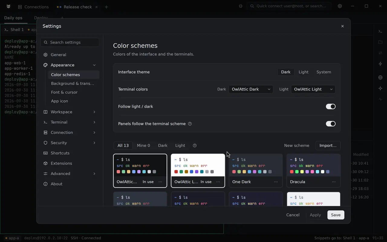 In Settings, Color schemes, the interface switches from dark to light and back.