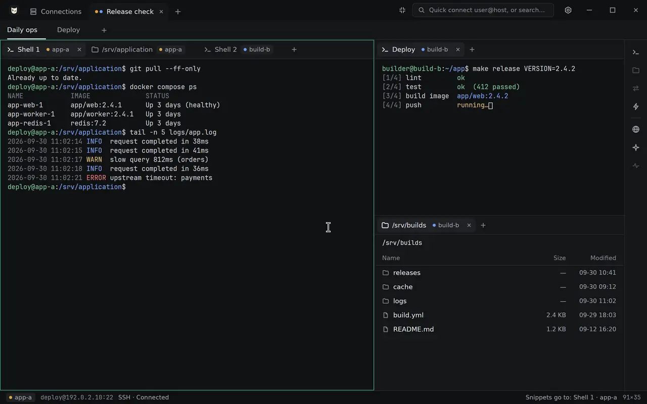 Switching from the workbench to Mini mode and back: the same tabs, the same sessions.