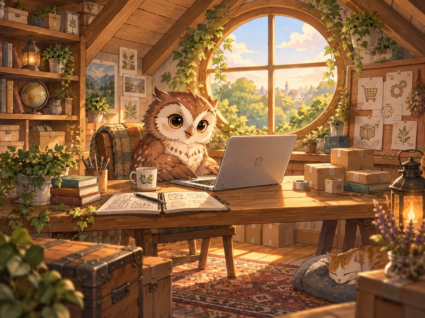 A little owl working on a laptop in a sunlit wooden attic, surrounded by plants, books, and sketches of tools.